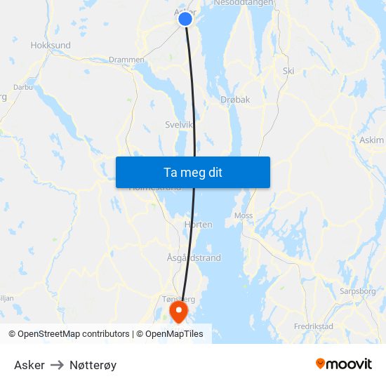 Asker to Nøtterøy map