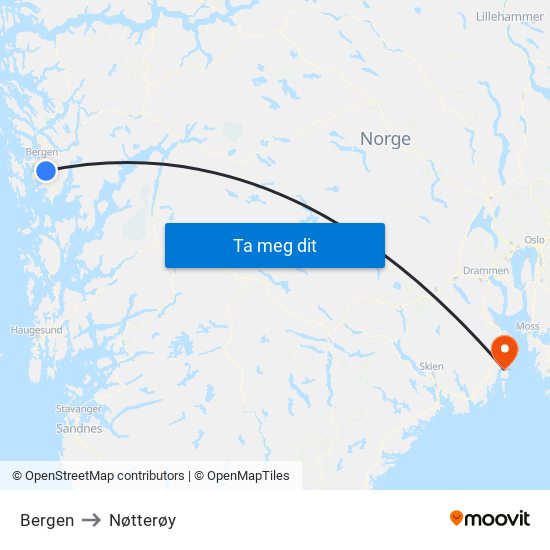 Bergen to Nøtterøy map