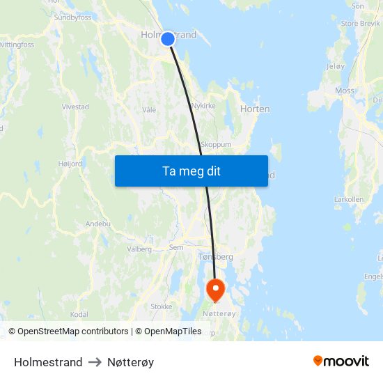 Holmestrand to Nøtterøy map
