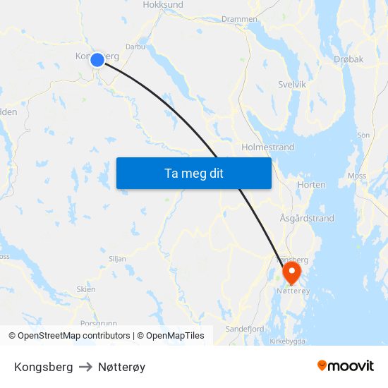 Kongsberg to Nøtterøy map