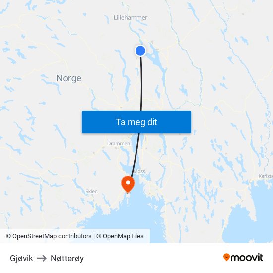 Gjøvik to Nøtterøy map