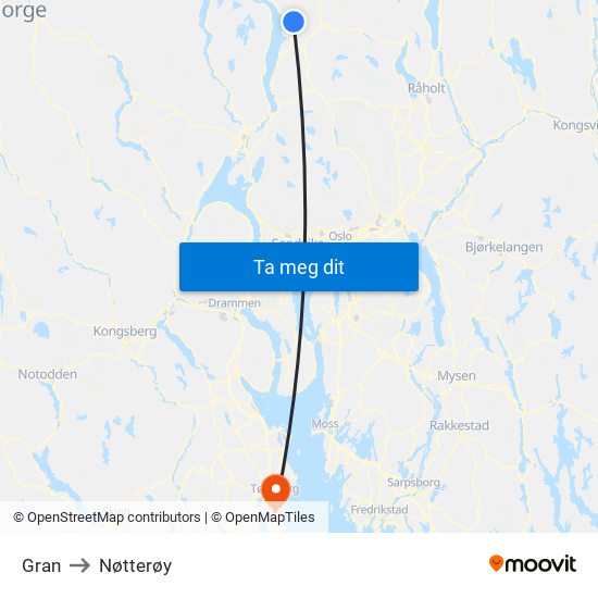 Gran to Nøtterøy map