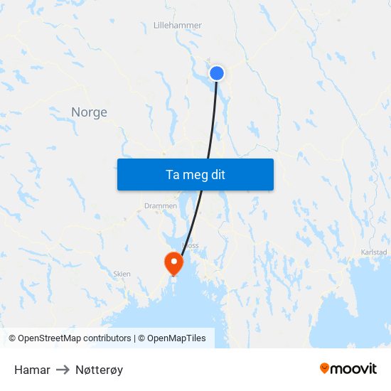 Hamar to Nøtterøy map