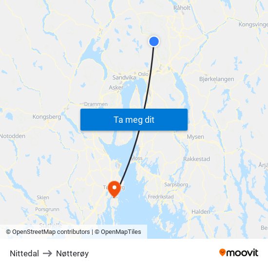 Nittedal to Nøtterøy map