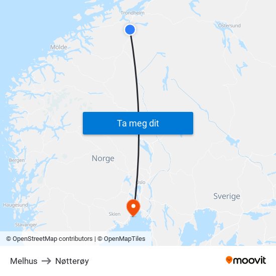 Melhus to Nøtterøy map