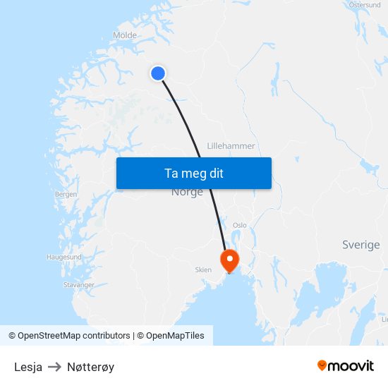 Lesja to Nøtterøy map