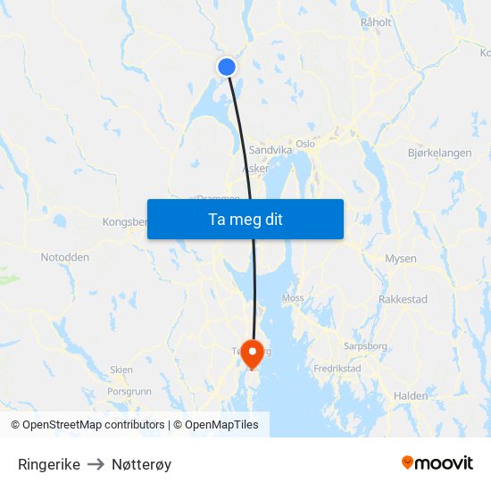 Ringerike to Nøtterøy map