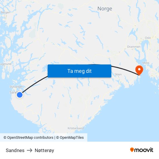 Sandnes to Nøtterøy map