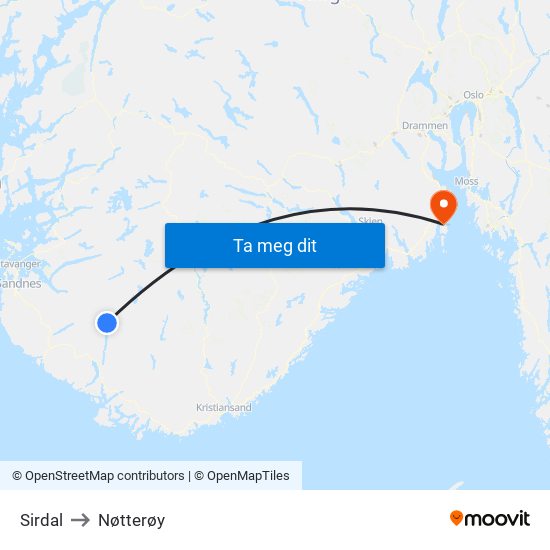 Sirdal to Nøtterøy map