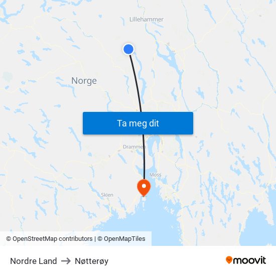 Nordre Land to Nøtterøy map