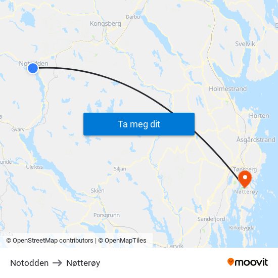 Notodden to Nøtterøy map