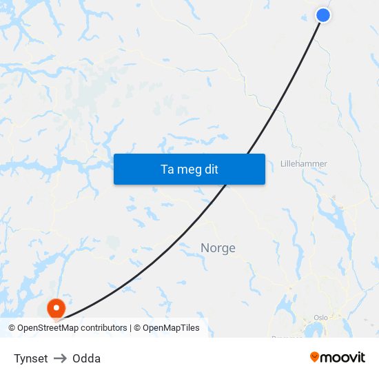 Tynset to Odda map