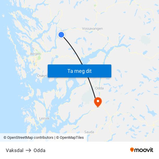 Vaksdal to Odda map