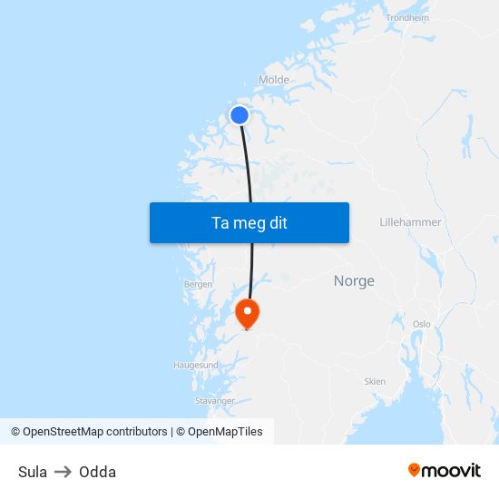 Sula to Odda map