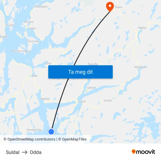 Suldal to Odda map