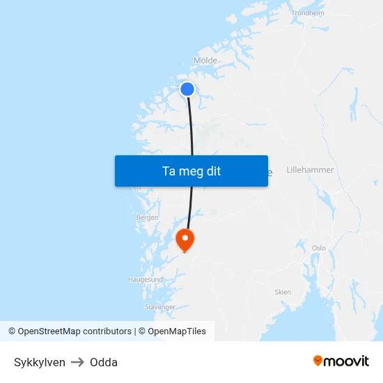 Sykkylven to Odda map