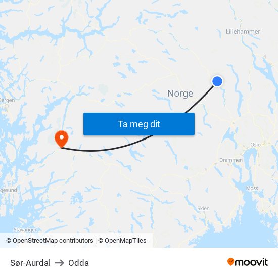 Sør-Aurdal to Odda map