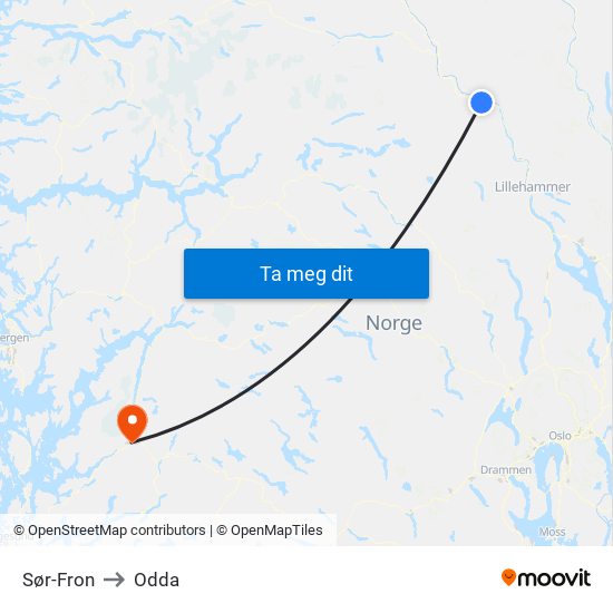 Sør-Fron to Odda map