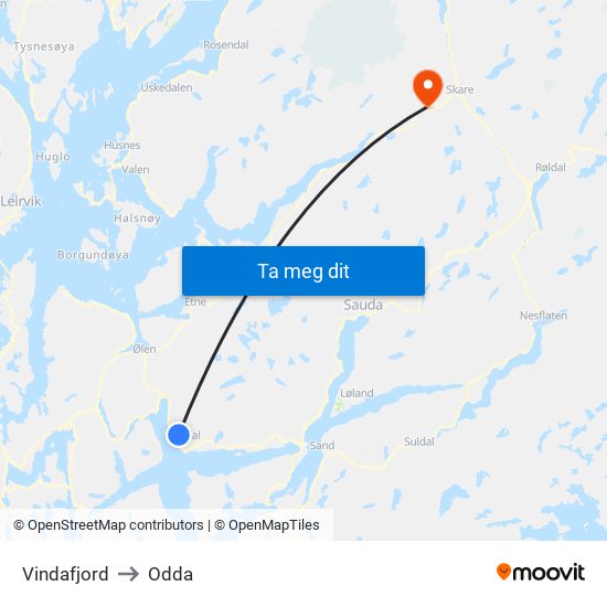Vindafjord to Odda map