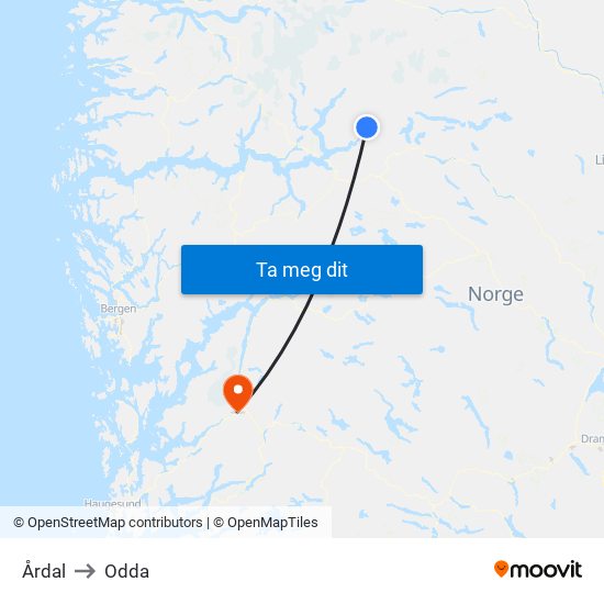 Årdal to Odda map