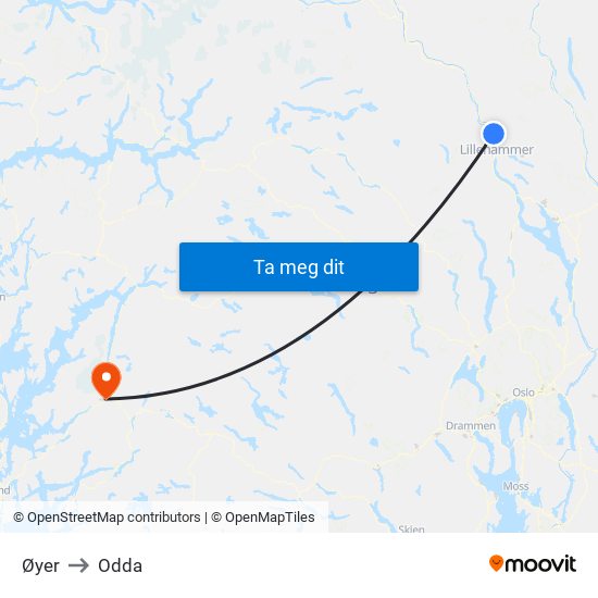 Øyer to Odda map