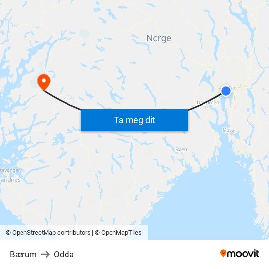Bærum to Odda map