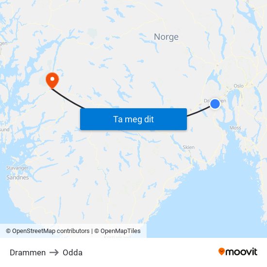 Drammen to Odda map