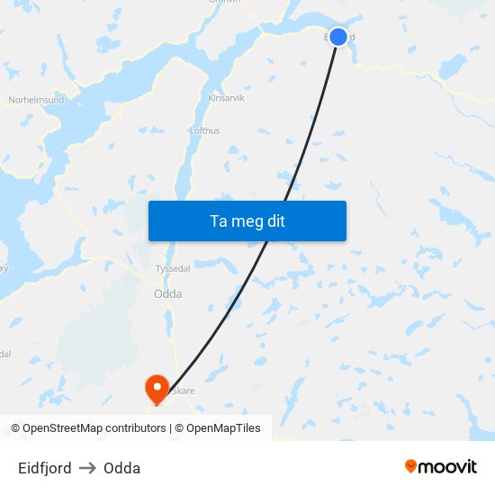 Eidfjord to Odda map