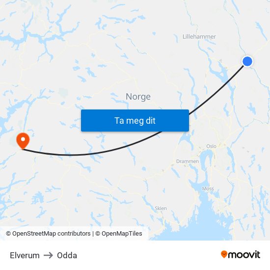 Elverum to Odda map