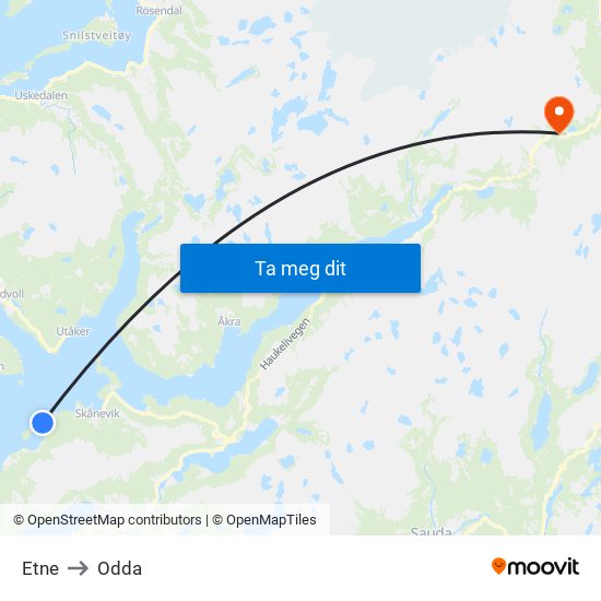 Etne to Odda map