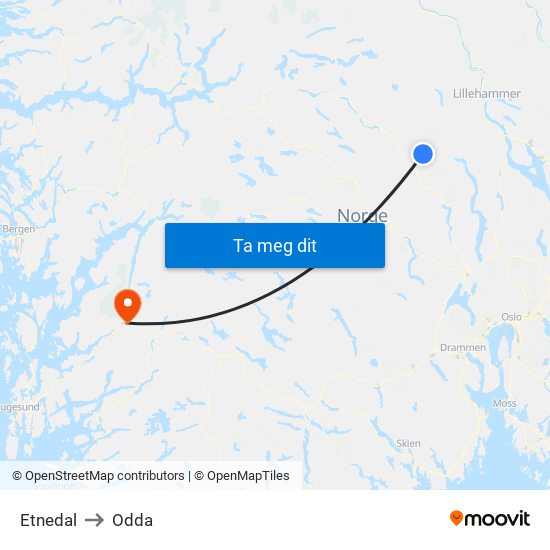 Etnedal to Odda map