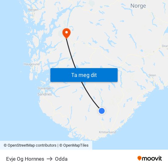 Evje Og Hornnes to Odda map