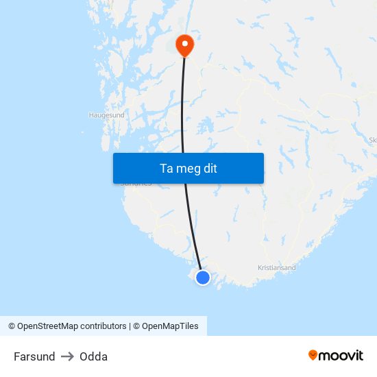 Farsund to Odda map