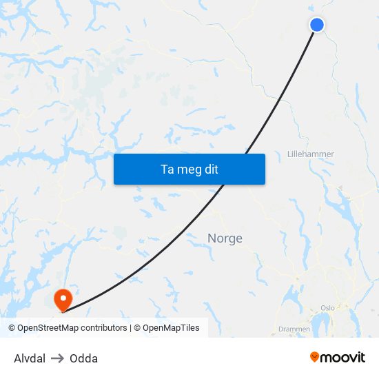 Alvdal to Odda map