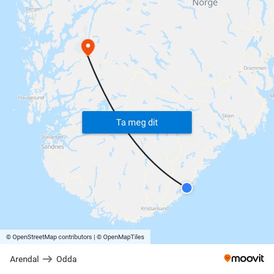 Arendal to Odda map