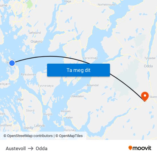 Austevoll to Odda map