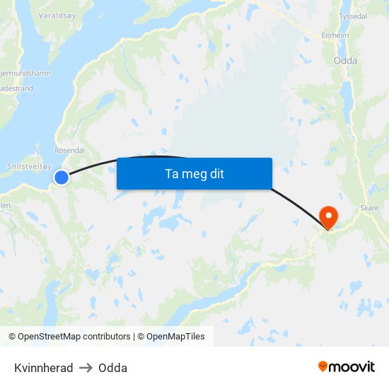 Kvinnherad to Odda map