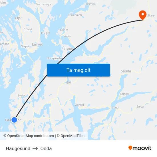 Haugesund to Odda map