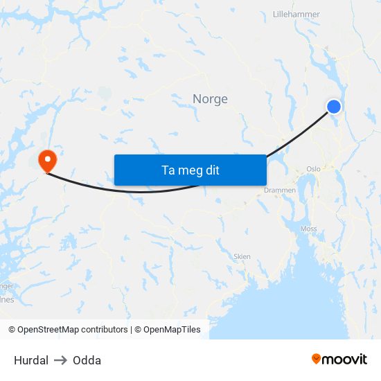 Hurdal to Odda map