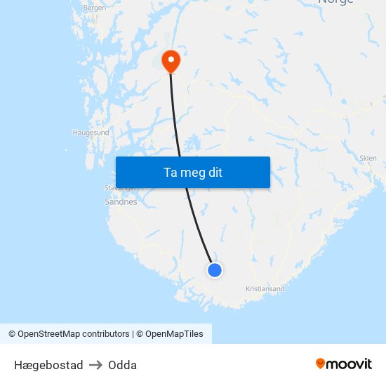 Hægebostad to Odda map