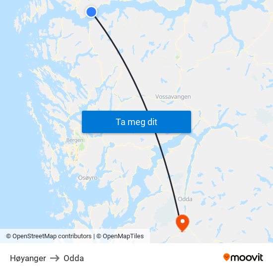 Høyanger to Odda map