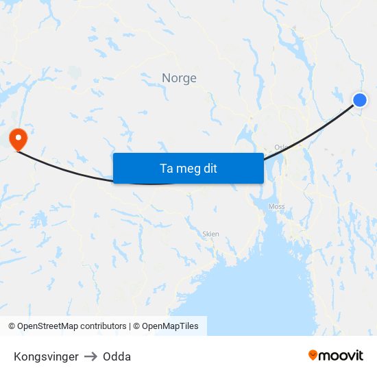 Kongsvinger to Odda map