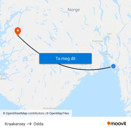 Kraakeroey to Odda map