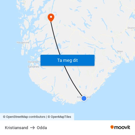 Kristiansand to Odda map