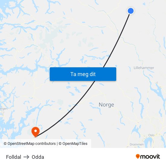 Folldal to Odda map