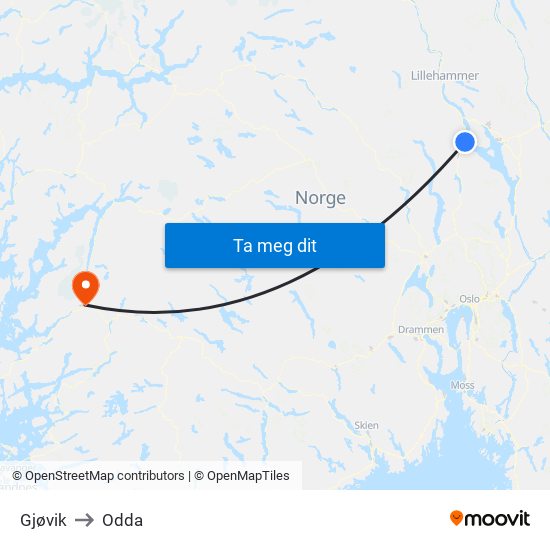 Gjøvik to Odda map