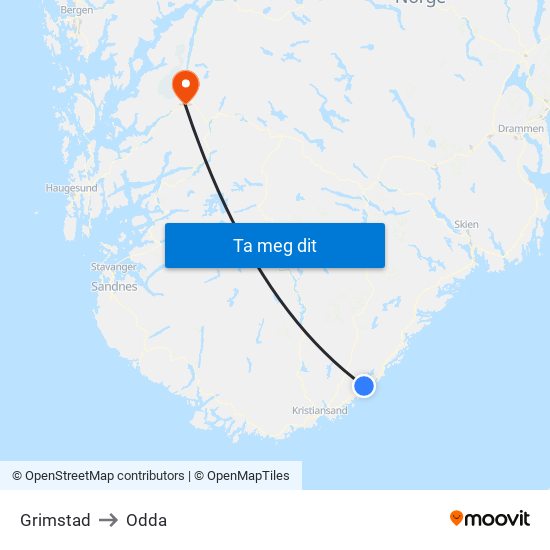 Grimstad to Odda map