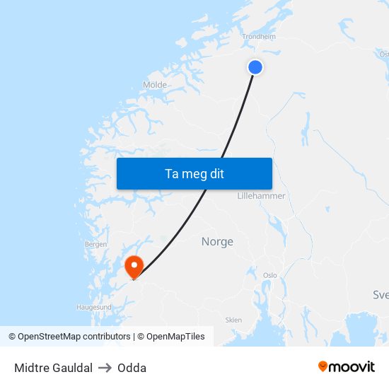 Midtre Gauldal to Odda map