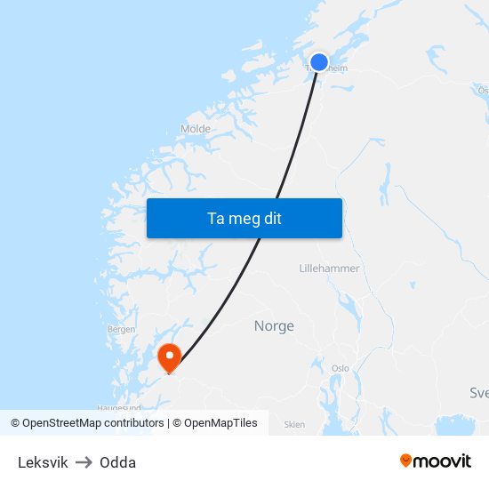 Leksvik to Odda map