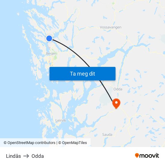 Lindås to Odda map